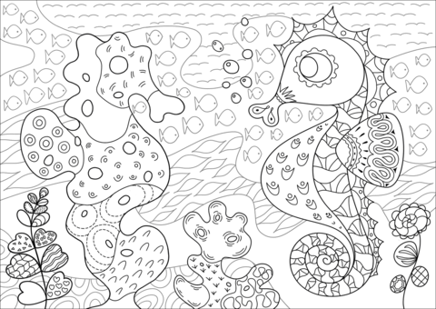 Seahorse And Its Coral Reef Imitator Coloring Page